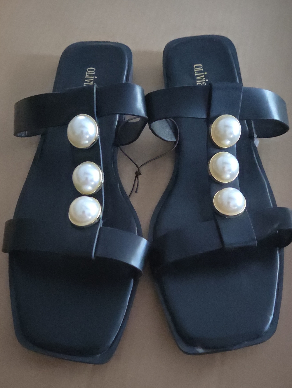Olivia Miller Black Slide Sandals with Pearl Accents